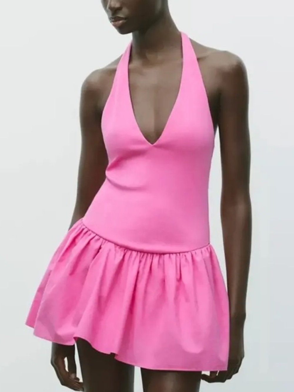 NWT Zara Pink Halter Mini Dress Ruffle Skirt Medium